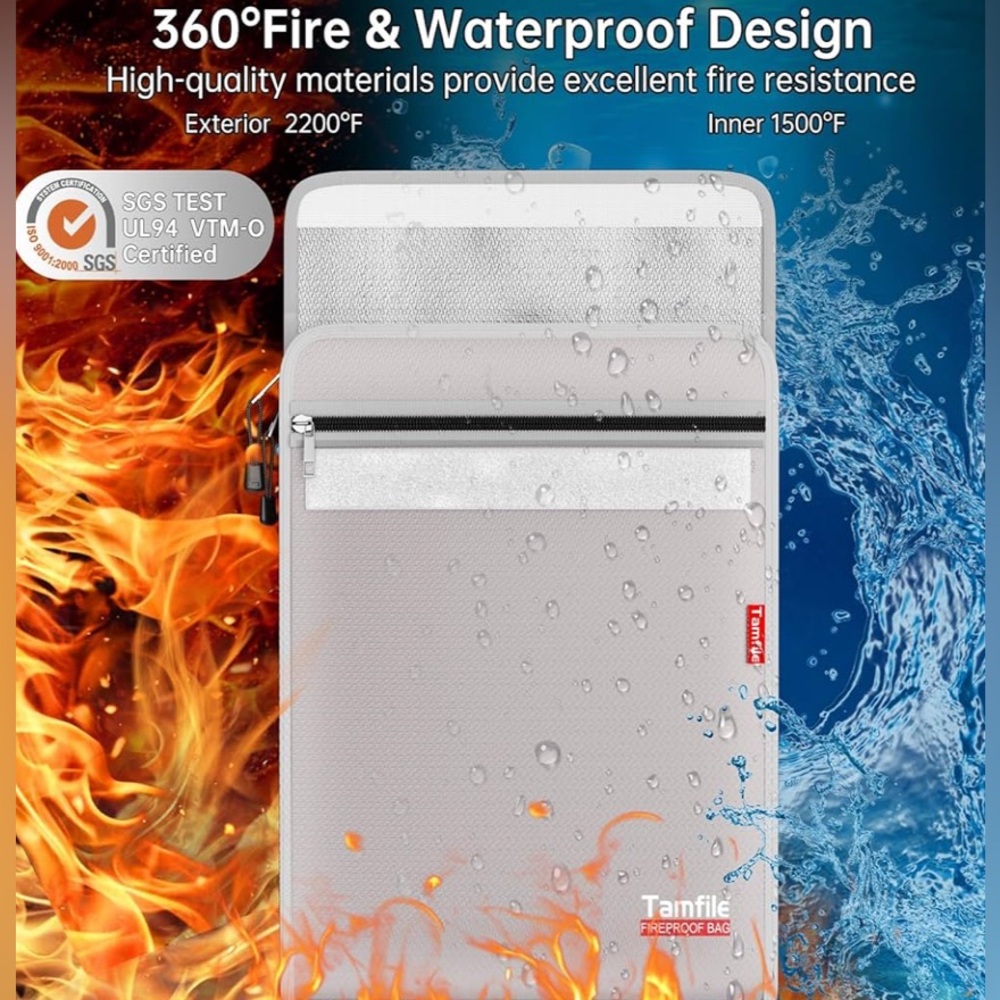 NWOT 6400℉ Fireproof Document Bag 15”x 11” Waterproof Fireproof Money Bag